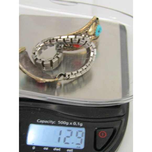 VTG Sterling Silver 12kt Gold F Womens Southwestern Turquoise Coral Watch Band - Picture 10 of 10